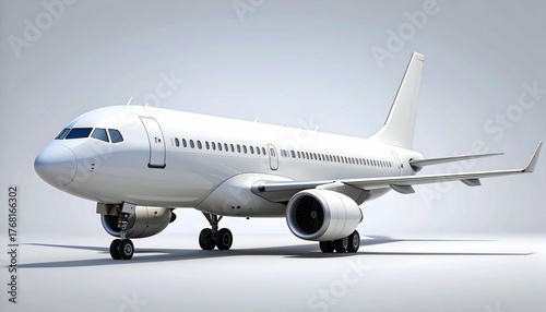 Minimalist white commercial jet on neutral background, side view, no branding.