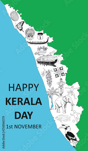 Illustration celebrates Kerala Formation Day (November 1st) with a map of iconic symbols. Perfect for greeting cards, social media, and education, it highlights the state's rich heritage and beauty.