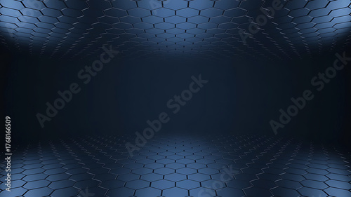 Dark Blue Hexagon Pattern Background with Perspective for Futuristic and Technological Design Ideas