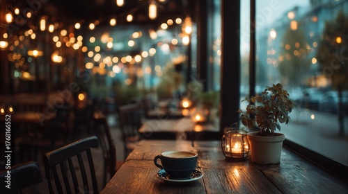 Coffee shop interior ambiance with soft glowing lights and steaming cup on table