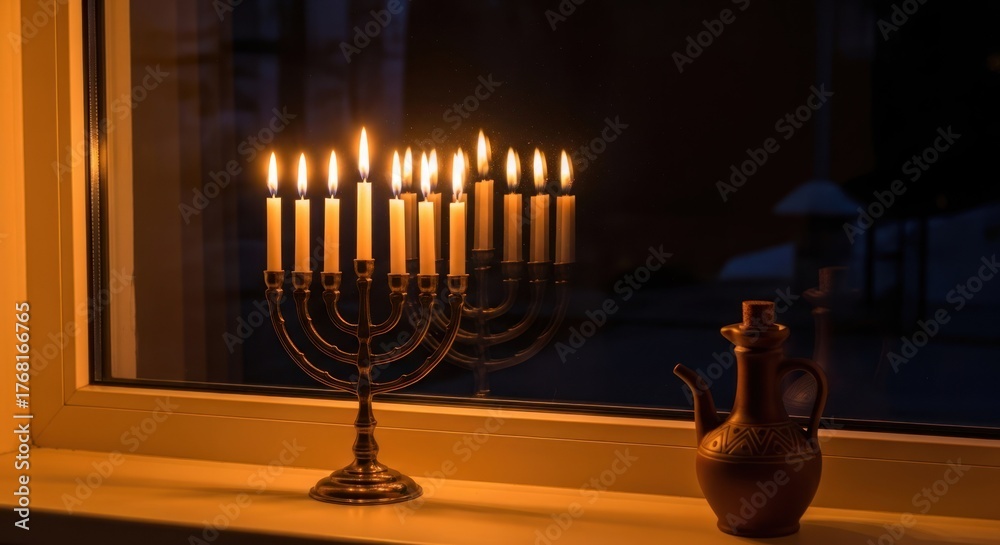 Fototapeta premium A traditional menorah with lit candles on a windowsill, with a clay pitcher on the sill.