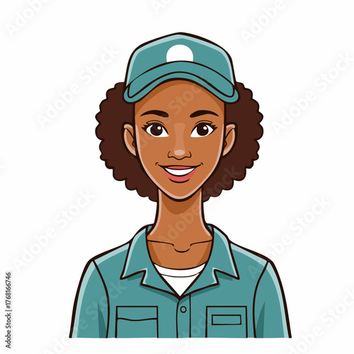 Smiling woman wearing cap and work uniform portrait.