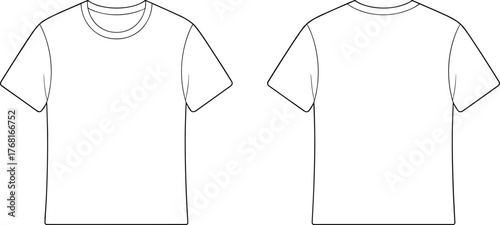 Vector T-shirt front and back view, short sleeve crew neck outline, blank apparel template, fashion flat sketch, clothing mockup, technical illustration
