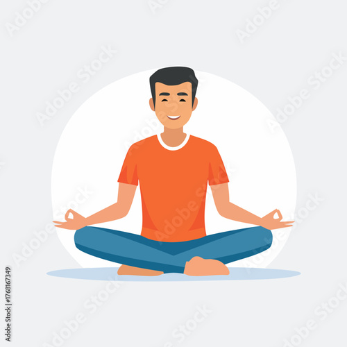 Man in orange shirt meditating in lotus position for relaxation.