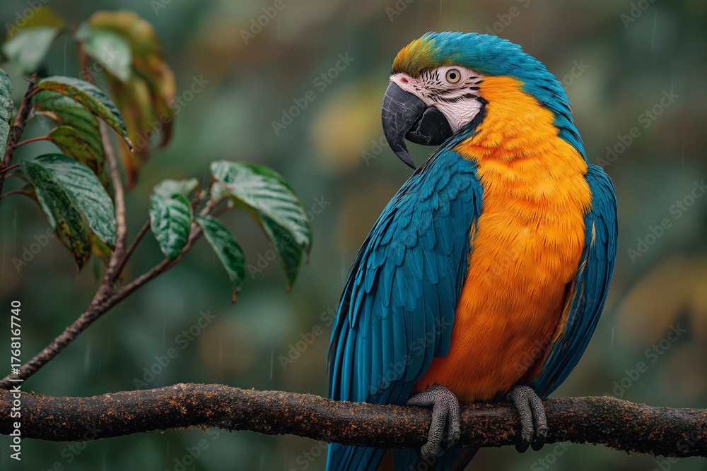 Fototapeta premium Vibrant Macaw Perched in Rain