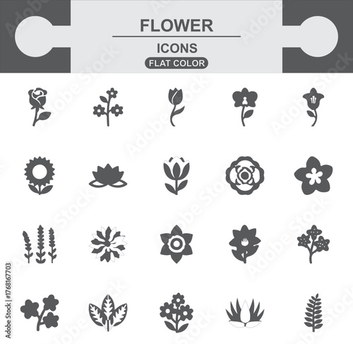Flower and Floral Plants Vector Flat Color Icons Set. Solid Silhouette Symbols for Nature, Garden, and Spring.