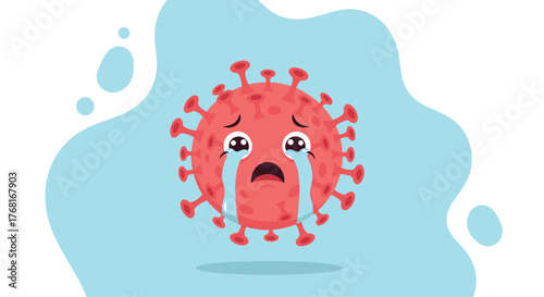 Cartoonish representation of a sad, crying coronavirus particle against a light blue background with organic shapes.