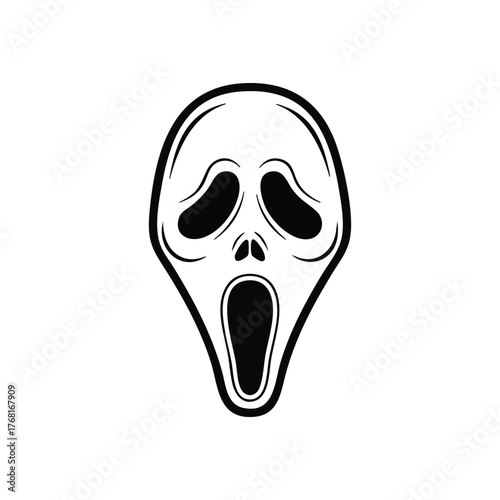 Stylized black and white depiction of a screaming face with exaggerated open mouth and hollow eyes, conveying shock or horror