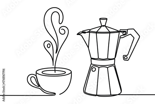 Continuous Line Art Drawing of Steaming Coffee Cup and Moka Pot Vector Illustration