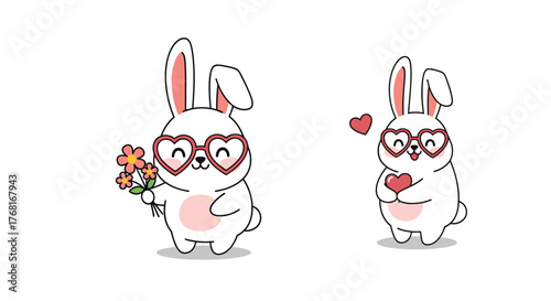 Cute cartoon white bunnies wearing heart-shaped glasses, one holding flowers, the other a heart.