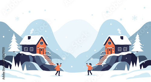 Winter scene with two cozy houses on snowy hills and people playing in the snow.