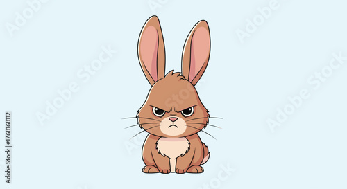 Cute cartoon angry brown bunny rabbit with long ears looking forward in an aggressive manner.