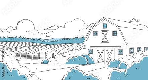 A charming cartoon drawing of a white barn on a farm with rolling fields and fluffy clouds.