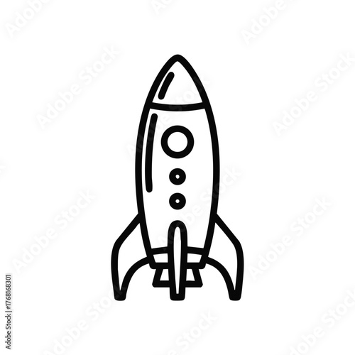 Simplified line drawing of a futuristic rocket ship with streamlined design and fins, symbolizing space exploration and innovation