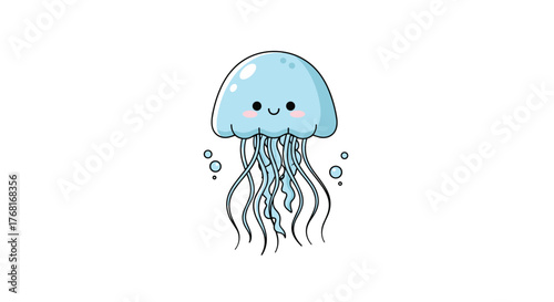 Cute blue cartoon jellyfish with flowing tentacles and rosy cheeks smiling.
