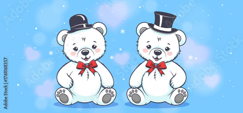 Vector cartoon funny cute seated little white polar bears with red bows and hats. Light blue background, bokeh effect, hearts and snowflakes. Northern toon cuddly animals