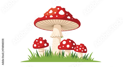 A group of red and white spotted mushrooms growing in green grass.