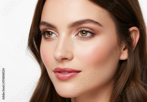 Portrait of a beautiful woman with brown hair and soft makeup looking to the left.