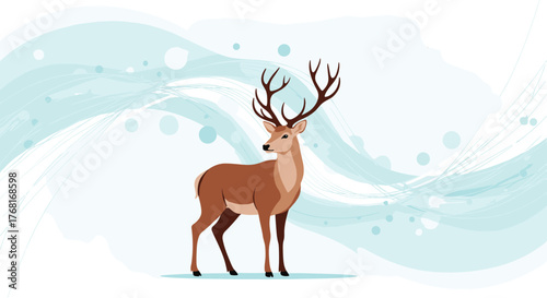 A majestic stag with large antlers stands in a serene winter landscape with abstract blue waves.