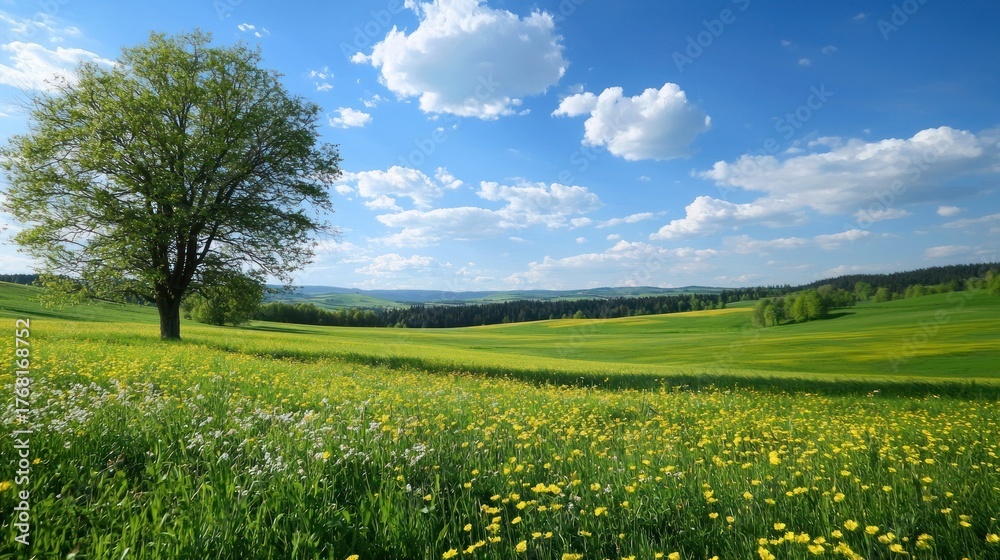 Fototapeta premium A serene landscape with a tree, green fields, and a blue sky with white clouds.