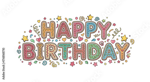 Happy birthday text with colorful gingerbread letters and confetti decorations.