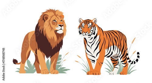 Illustration of a lion and a tiger standing side by side in a grassy environment.