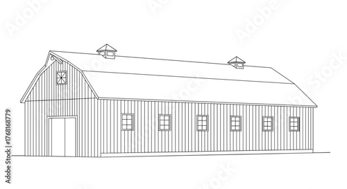 Line drawing of a long barn with a gambrel roof and cupolas.