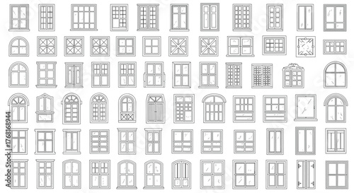 Collection of various window designs in a black and white sketch style.