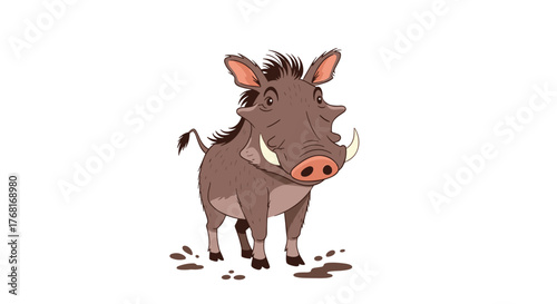 Cartoon warthog standing in mud puddles on a white background.