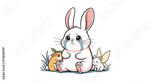 A sad, crying white rabbit sits with a tiny hamster and a fairy-like creature in a grassy field.