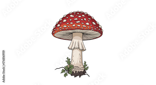 A detailed cartoon illustration of a red and white spotted fly agaric mushroom on a white background.