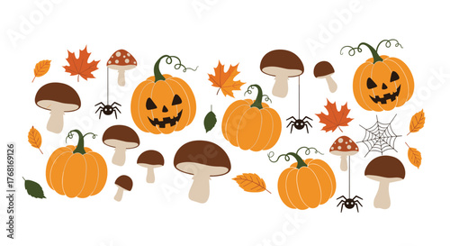 Halloween illustration with pumpkins, mushrooms, spiders, and autumn leaves on a white background.