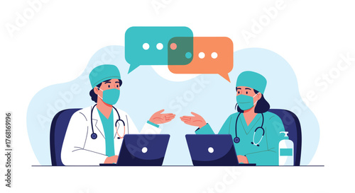 Two doctors in masks and scrubs communicating via laptops and speech bubbles.