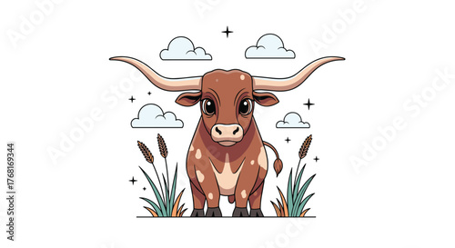 Cute cartoon longhorn bull with big eyes stands in a grassy field with clouds and stars.