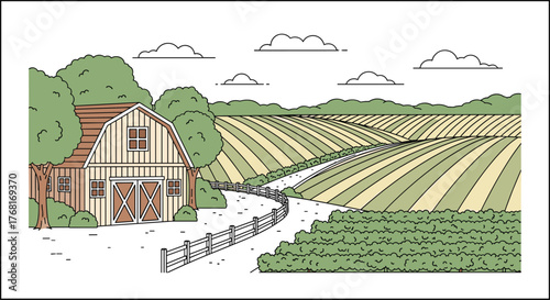 A picturesque farm scene with a rustic barn, rolling fields, and trees under a cloudy sky.
