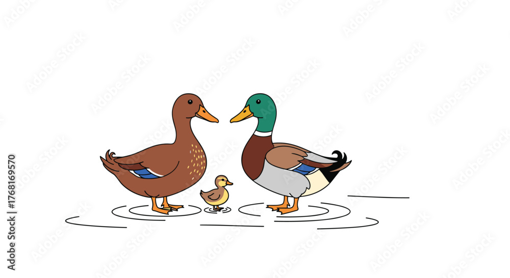 Obraz premium A family of three ducks, two adults and a duckling, stand on rippling water in an illustration.