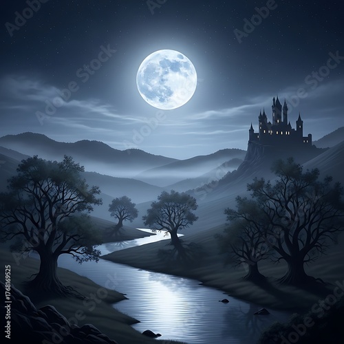 Moonlit Castle Landscape with River and Misty Hills.