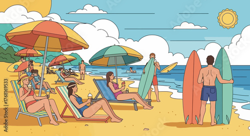 Beach vacation and surfing fun in a sunny summer day illustration