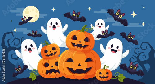 Happy Halloween spooky ghosts, bats, and pumpkins in the night