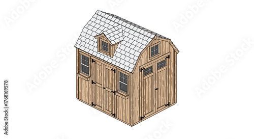 An isometric drawing of a wooden barn-style shed with a gambrel roof and dormer windows.