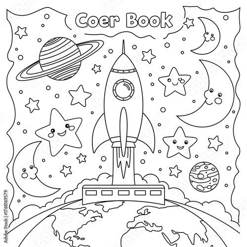 Coer Book - Rocket Launching into Space Coloring Page for Kids.