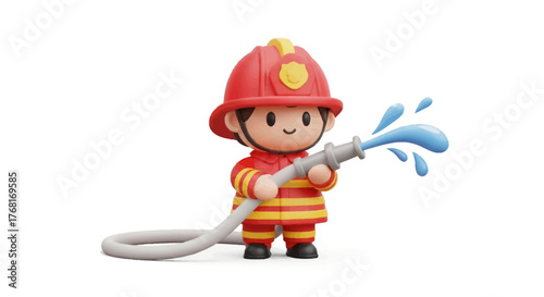 Cute 3D cartoon child firefighter character in uniform spraying water from a hose