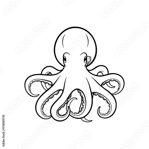 Detailed line drawing of an octopus with eight tentacles, large head, and expressive eyes, showcasing marine life in a simplistic style