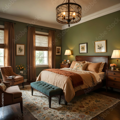 A vintage-style bedroom. Retro furniture, a cozy bed, and classic lighting harmonize in this space. Family photos and artwork adorn the walls.