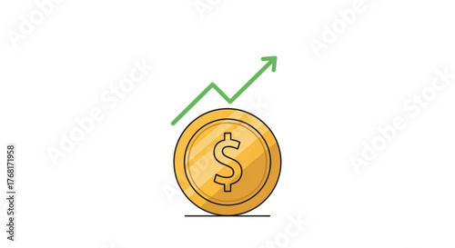 A golden coin with a dollar sign and a green arrow pointing upwards, , symbolizing financial growth and investment success