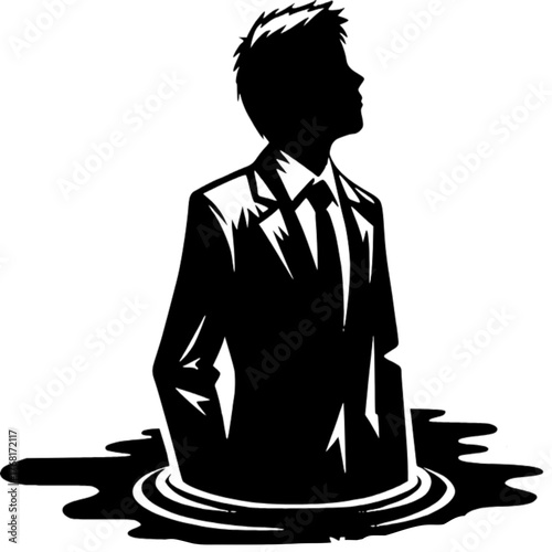 Silhouette of Solitude: A solitary figure, clad in a business suit, stands partially submerged in dark waters, their gaze directed upward, creating an atmosphere of introspection.