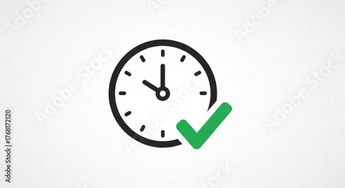 Clock with check mark symbol for time management, punctuality, efficiency, and meeting deadlines represents completed tasks, schedules, and productivity