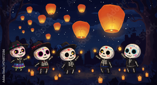 Cute Skeletons Celebrate Day of the Dead with Lanterns.