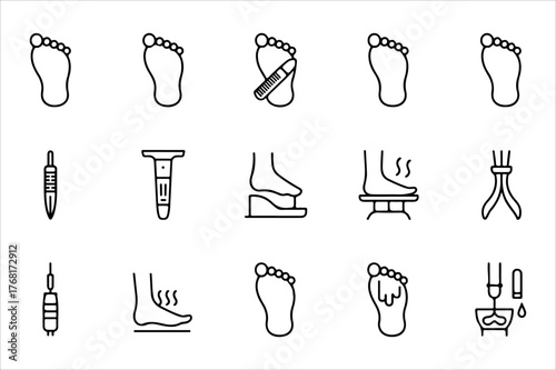 Podiatry tools and foot health icons set for medical and wellness applications