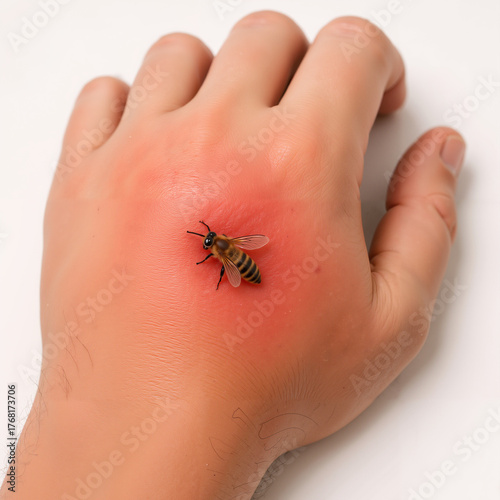 Close-up of hand with bee sting and red swelling on skin  